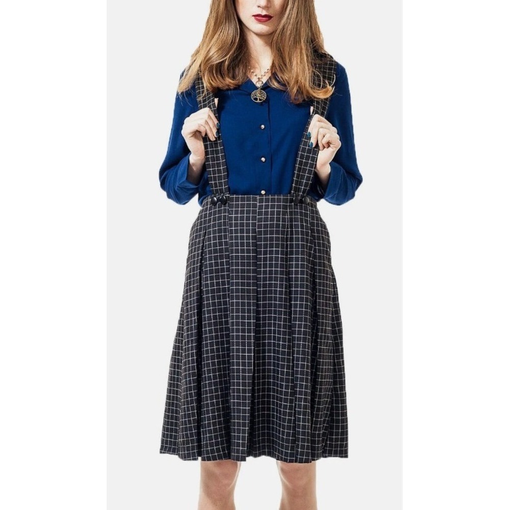 Alice's Pig Bea's Bib Pinafore Skirt Dark Grey Grid Suspender Pleated US 6‎ NEW